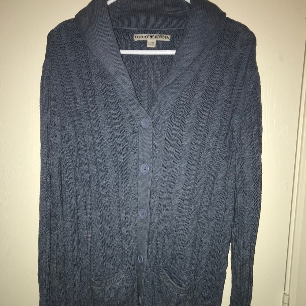 Tommy Hilfiger Chunky Cable Rope Knit Cardigan Sweater XL Periwinkle Collared